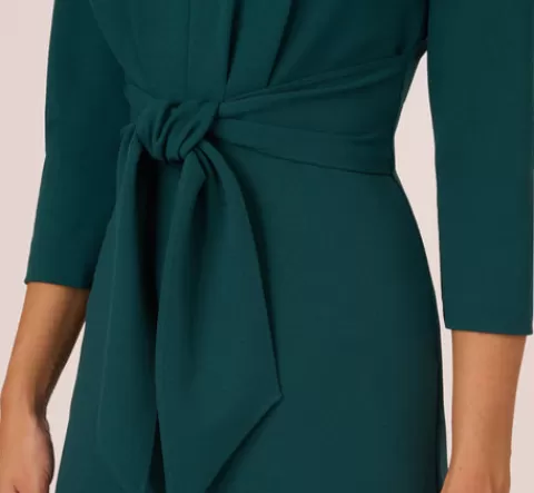 Adrianna Papell Three Quarter Sleeve Pleated Midi Dress With Tie Waist In HUNTER Fashion