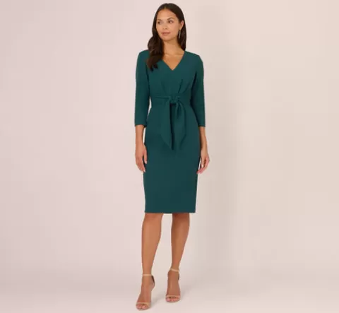 Adrianna Papell Three Quarter Sleeve Pleated Midi Dress With Tie Waist In HUNTER Fashion