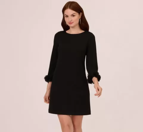 Adrianna Papell Three Quarter Sleeve Shift Dress With Floral Embellished Cuffs In BLACK Best
