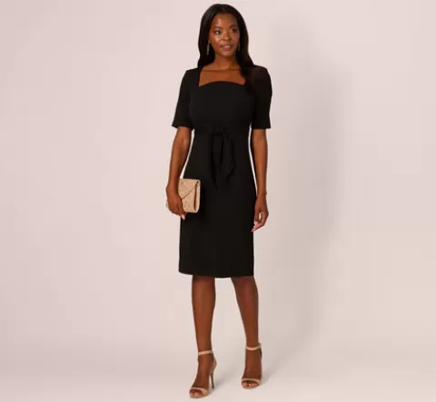 Adrianna Papell Three Quarter Sleeve Trapeze Dress With Ruffle Mock Neck In BLACK Cheap