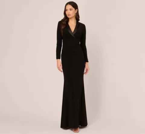 Adrianna Papell Tuxedo Mermaid Gown With Long Sleeves In BLACK Discount