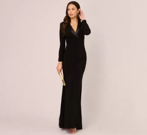 Adrianna Papell Tuxedo Mermaid Gown With Long Sleeves In BLACK Discount
