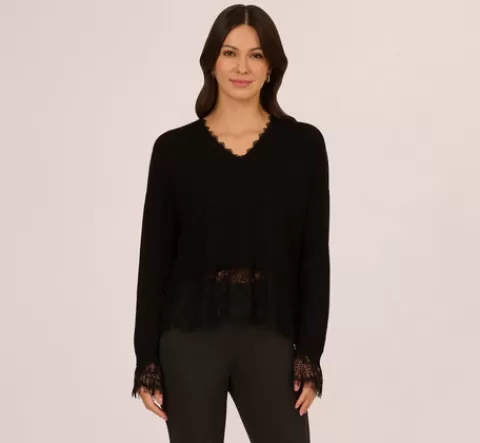 Adrianna Papell V Neck Lace Trim Twofer Sweater In BLACK New