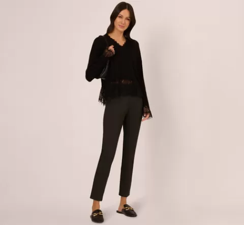 Adrianna Papell V Neck Lace Trim Twofer Sweater In BLACK New