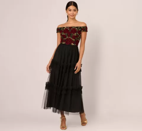 Adrianna Papell Velvet And Tulle Midi Dress In Black Red BLACK-RED Store