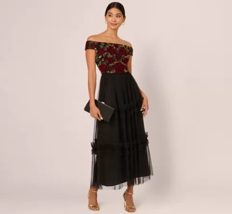 Adrianna Papell Velvet And Tulle Midi Dress In Black Red BLACK-RED Store
