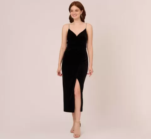 Adrianna Papell Velvet Ankle-Length Wrap Gown With Stone Straps In BLACK Best Sale