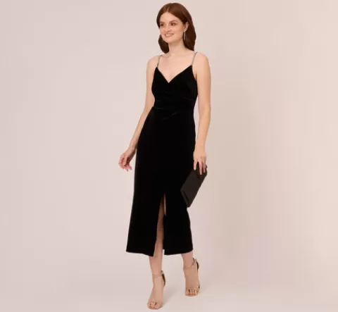 Adrianna Papell Velvet Ankle-Length Wrap Gown With Stone Straps In BLACK Best Sale