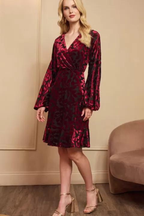 Adrianna Papell Velvet Burnout Faux Wrap Dress With Long Bishop Sleeves In Burgundy Black BURGUNDY-BLACK Online
