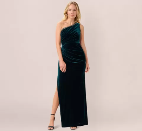 Adrianna Papell Velvet One Shoulder Gown With Beaded Neckline In HUNTER Shop