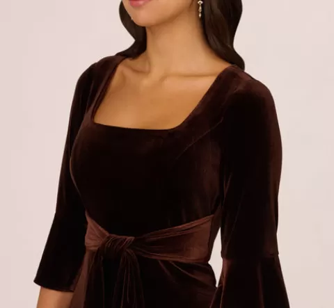 Adrianna Papell Velvet Tie Front Sheath Dress With Bell Sleeves In Dark Brown DARKBROWN Shop