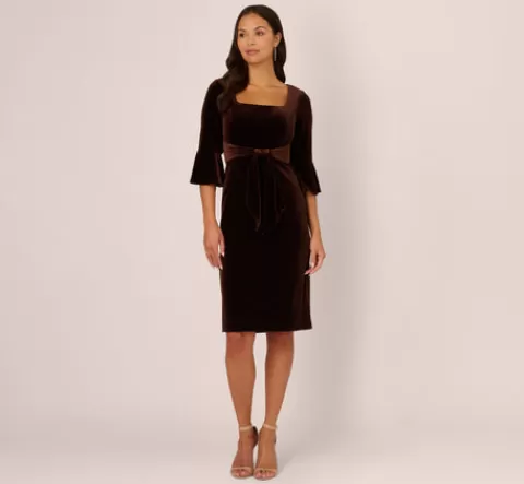 Adrianna Papell Velvet Tie Front Sheath Dress With Bell Sleeves In Dark Brown DARKBROWN Shop