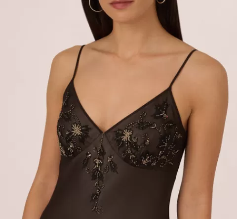 Adrianna Papell Vintage Beaded Fairy Ankle-Length Dress With Sharkbite Hem In Black Nude BLACK-NUDE Clearance