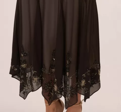 Adrianna Papell Vintage Beaded Fairy Ankle-Length Dress With Sharkbite Hem In Black Nude BLACK-NUDE Clearance