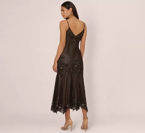 Adrianna Papell Vintage Beaded Fairy Ankle-Length Dress With Sharkbite Hem In Black Nude BLACK-NUDE Clearance