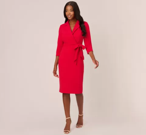 Adrianna Papell Wrap Front Dress With Three-Quarter Sleeves In Hot Ruby HOTRUBY Cheap