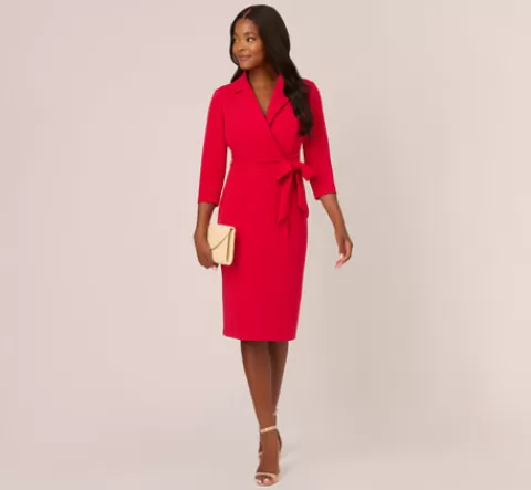 Adrianna Papell Wrap Front Dress With Three-Quarter Sleeves In Hot Ruby HOTRUBY Cheap